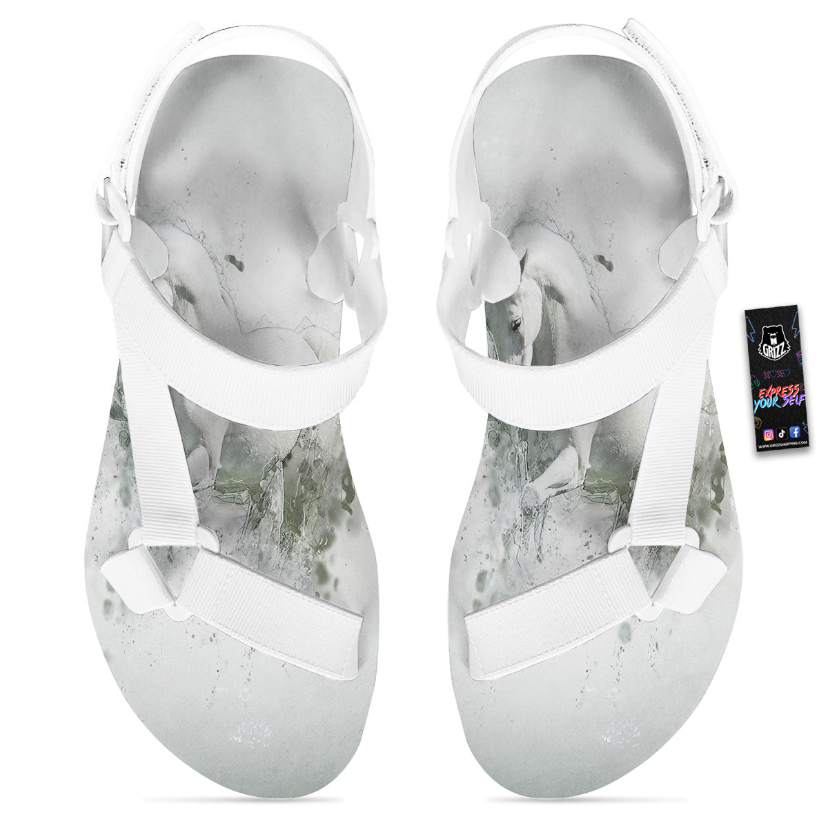 Horse White Stallion Print White Open Toe Sandals-grizzshop