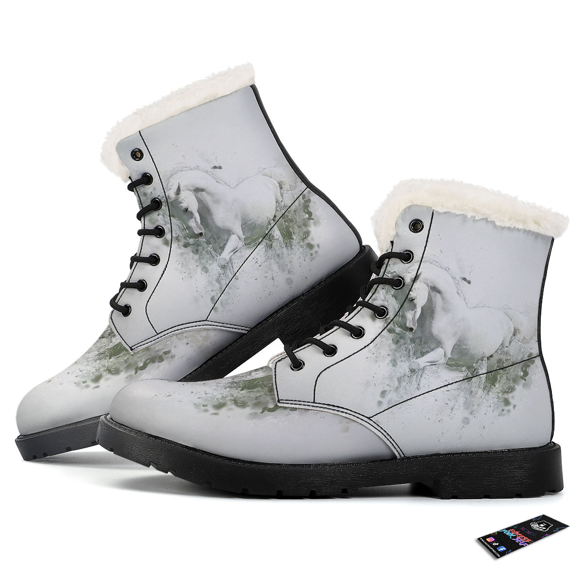 Horse White Stallion Print Winter Boots-grizzshop