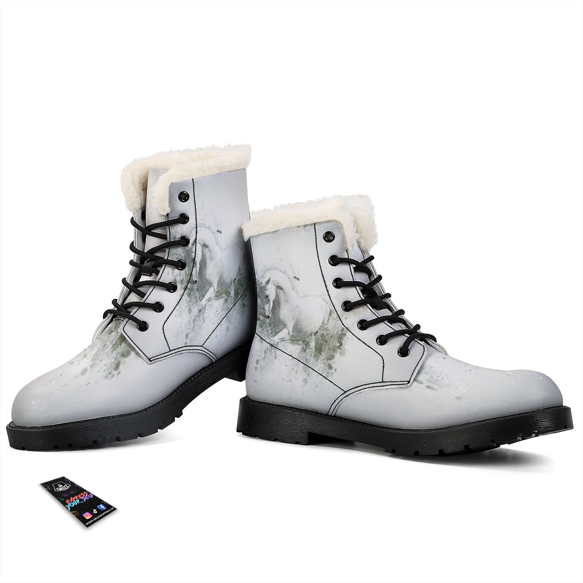 Horse White Stallion Print Winter Boots-grizzshop