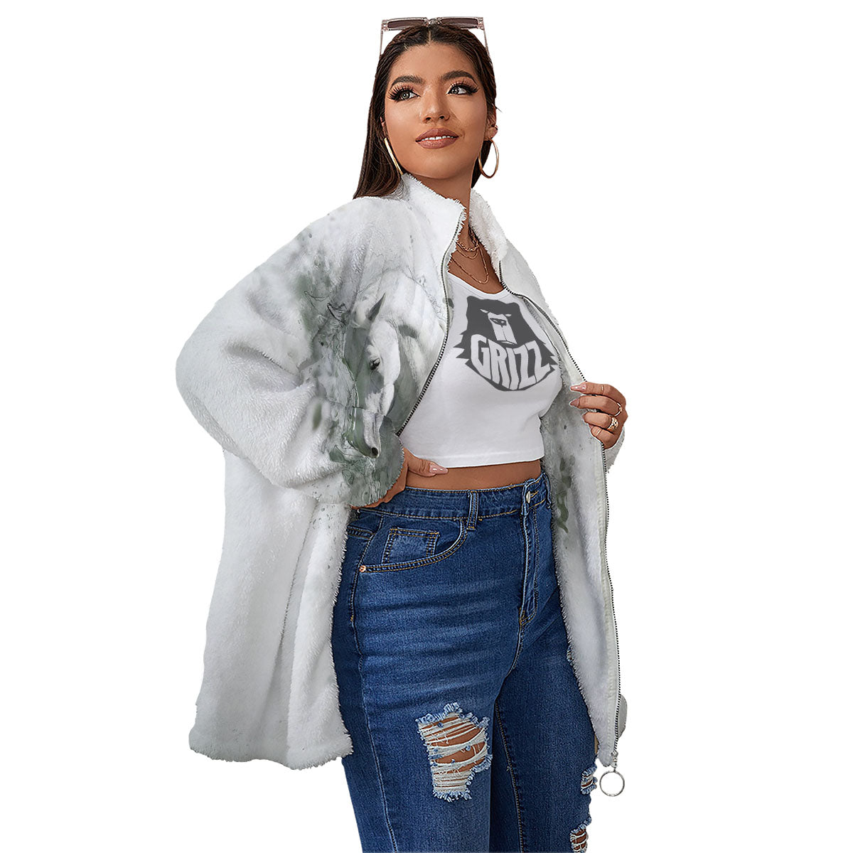 Horse White Stallion Print Women's Sherpa Jacket-grizzshop