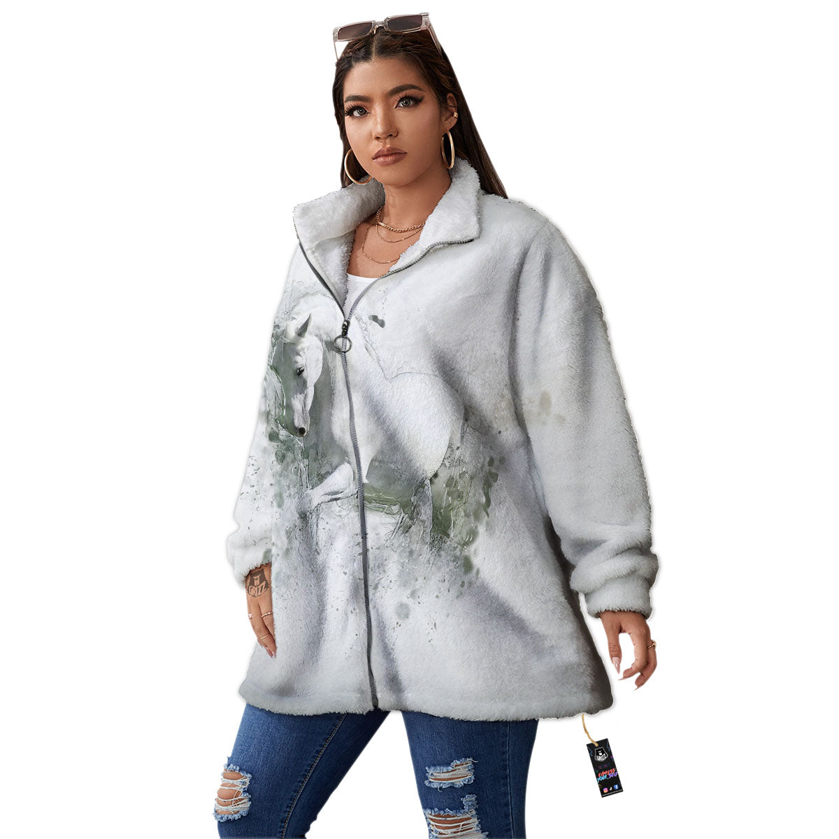 Horse White Stallion Print Women's Sherpa Jacket-grizzshop
