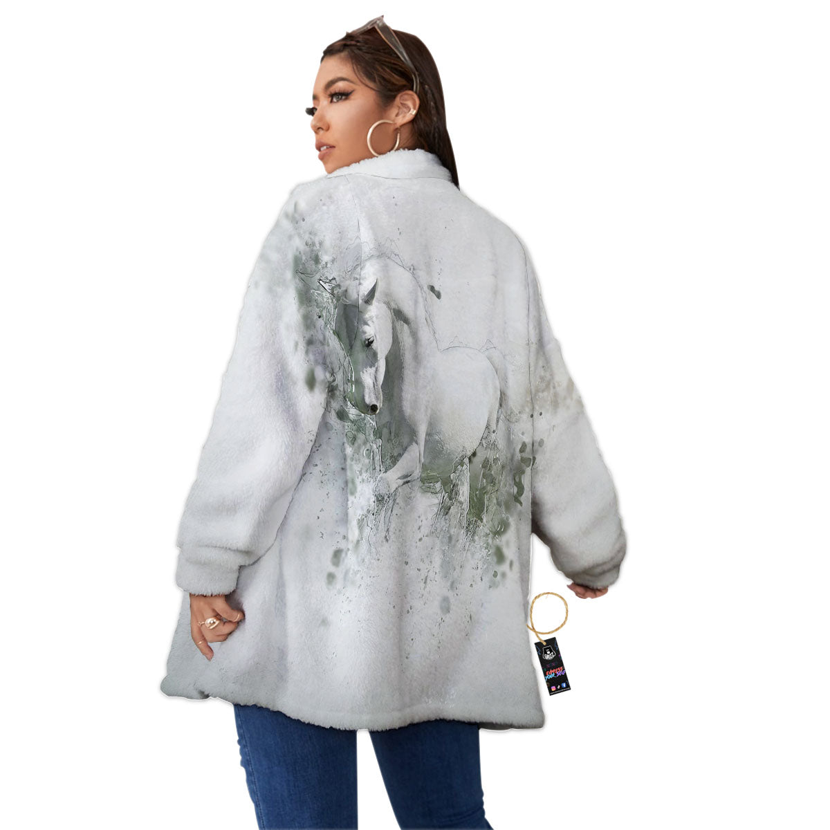 Horse White Stallion Print Women's Sherpa Jacket-grizzshop