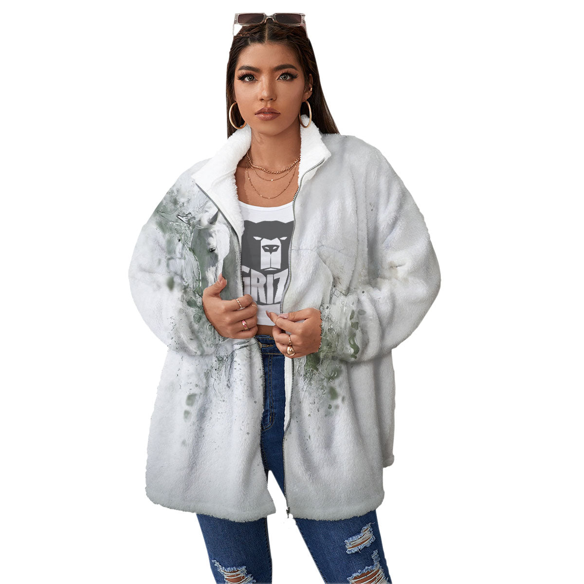 Horse White Stallion Print Women's Sherpa Jacket-grizzshop