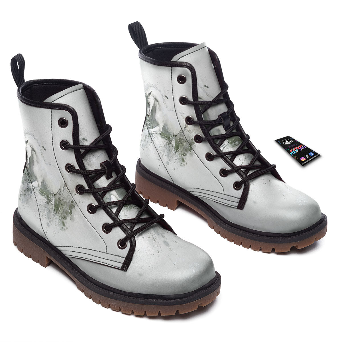 Horse White Stallion Print Work Boots-grizzshop