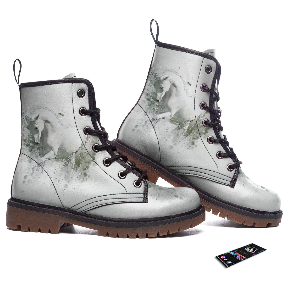 Horse White Stallion Print Work Boots-grizzshop
