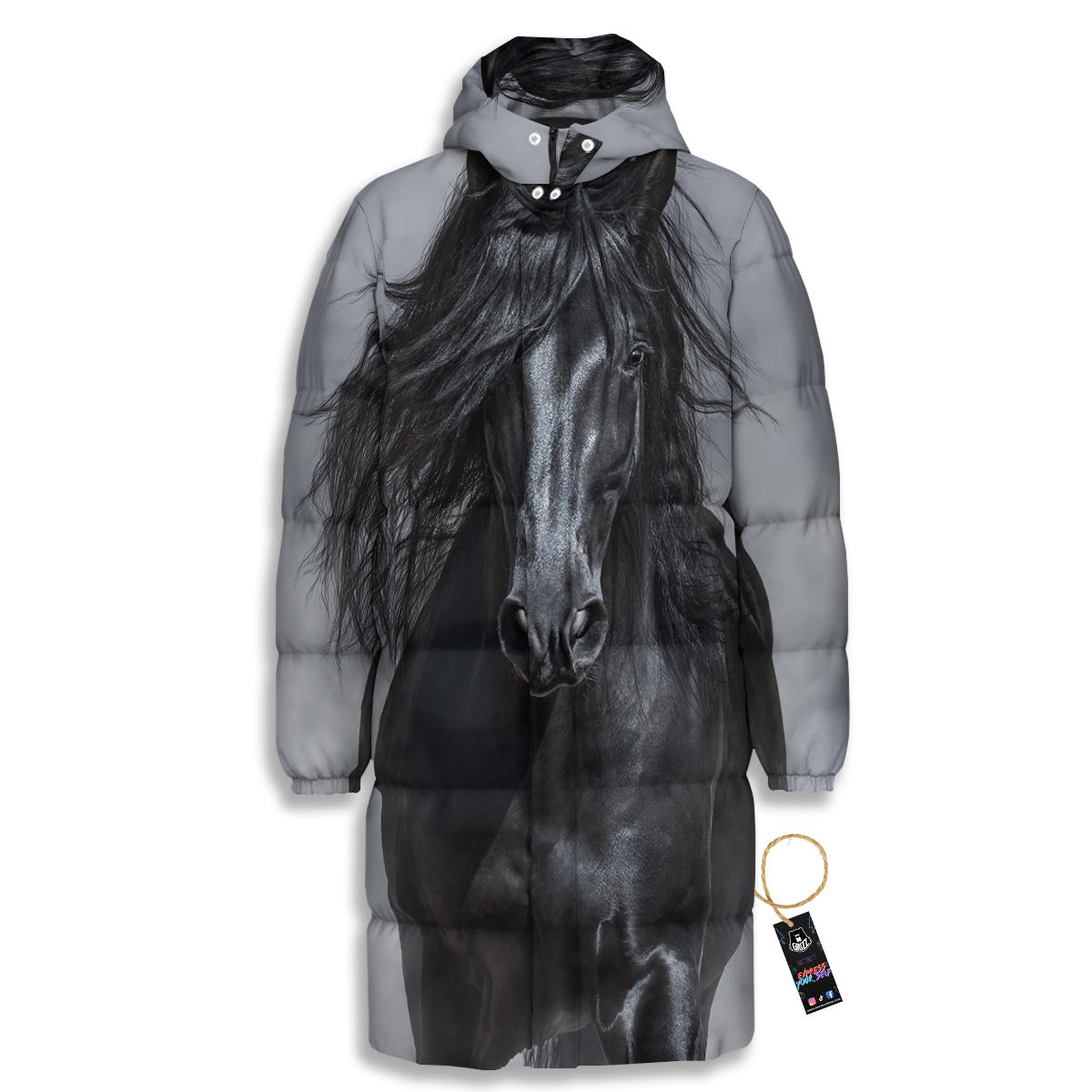 Horse Black Stallion Print Long Down Jacket