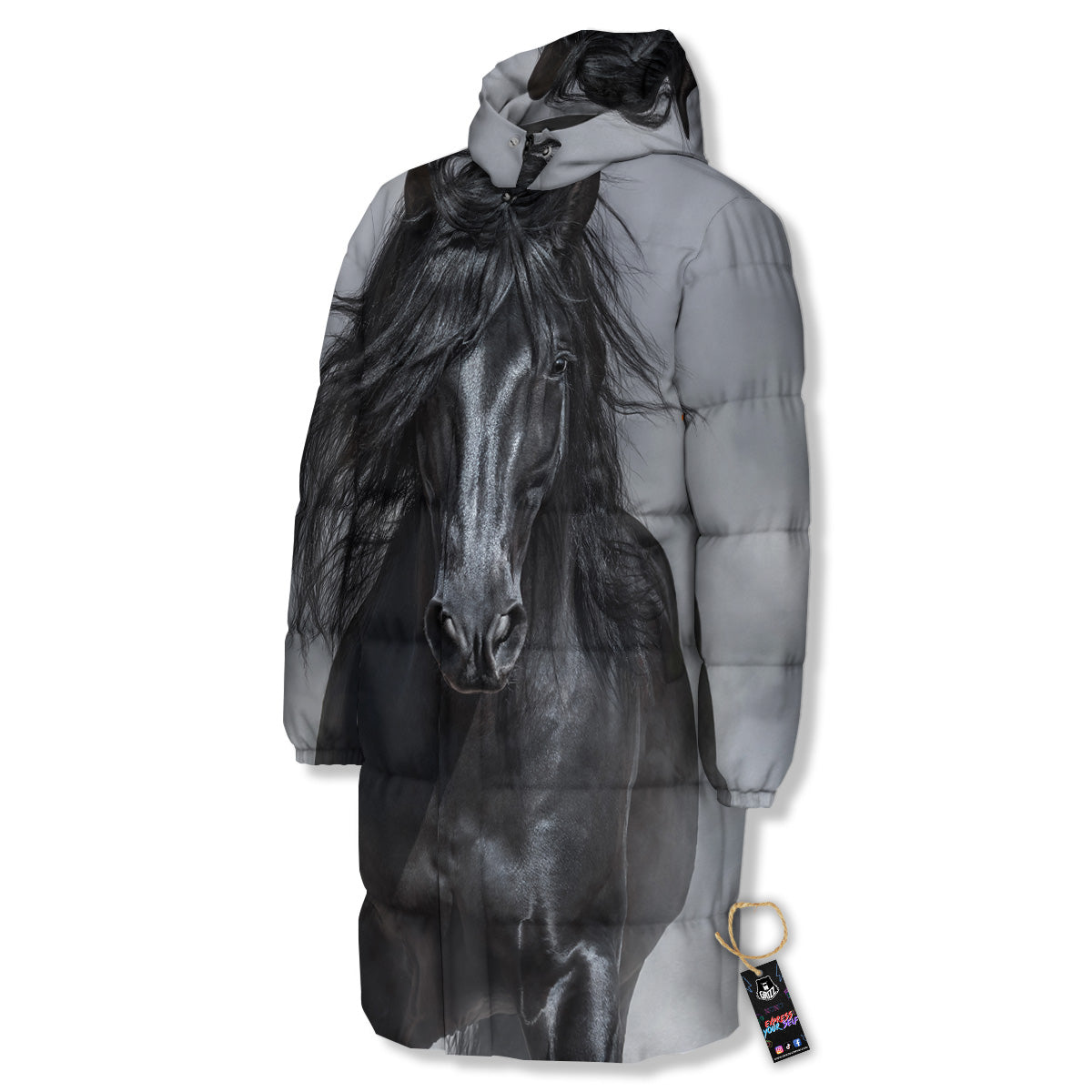 Horse Black Stallion Print Long Down Jacket