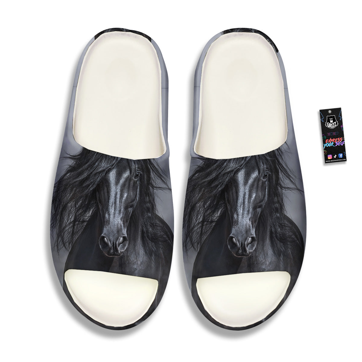 Horse Black Stallion Print Sandals-grizzshop