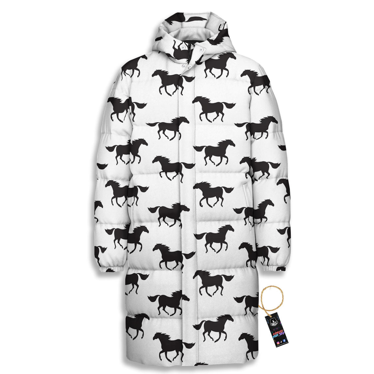 Horse White And Black Print Pattern Long Down Jacket