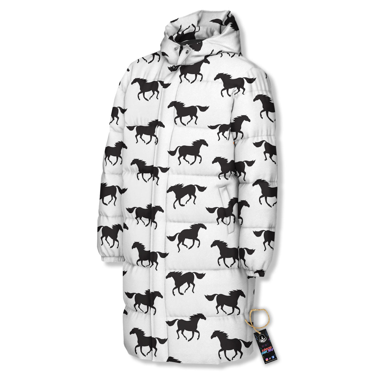 Horse White And Black Print Pattern Long Down Jacket