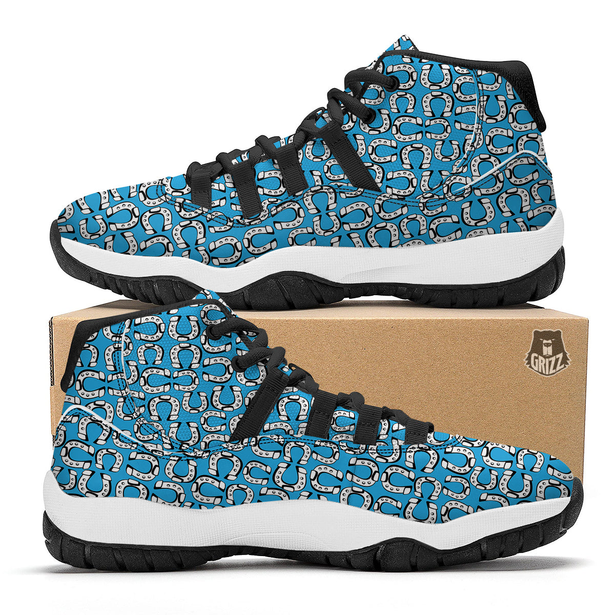 Horseshoe Blue Print Pattern Black Bball Shoes-grizzshop