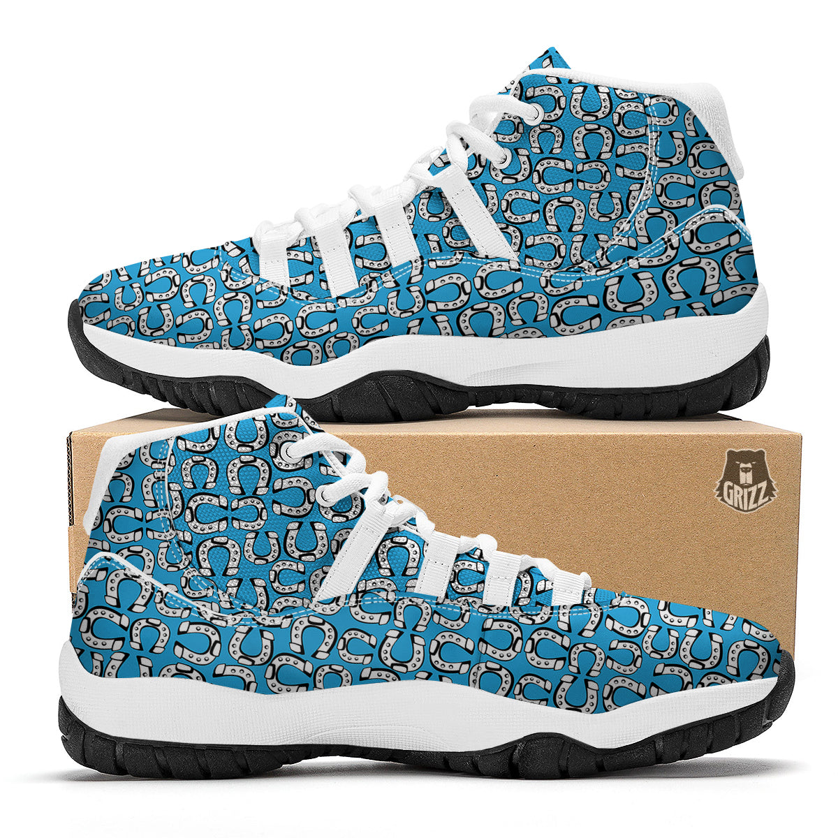Horseshoe Blue Print Pattern White Bball Shoes-grizzshop