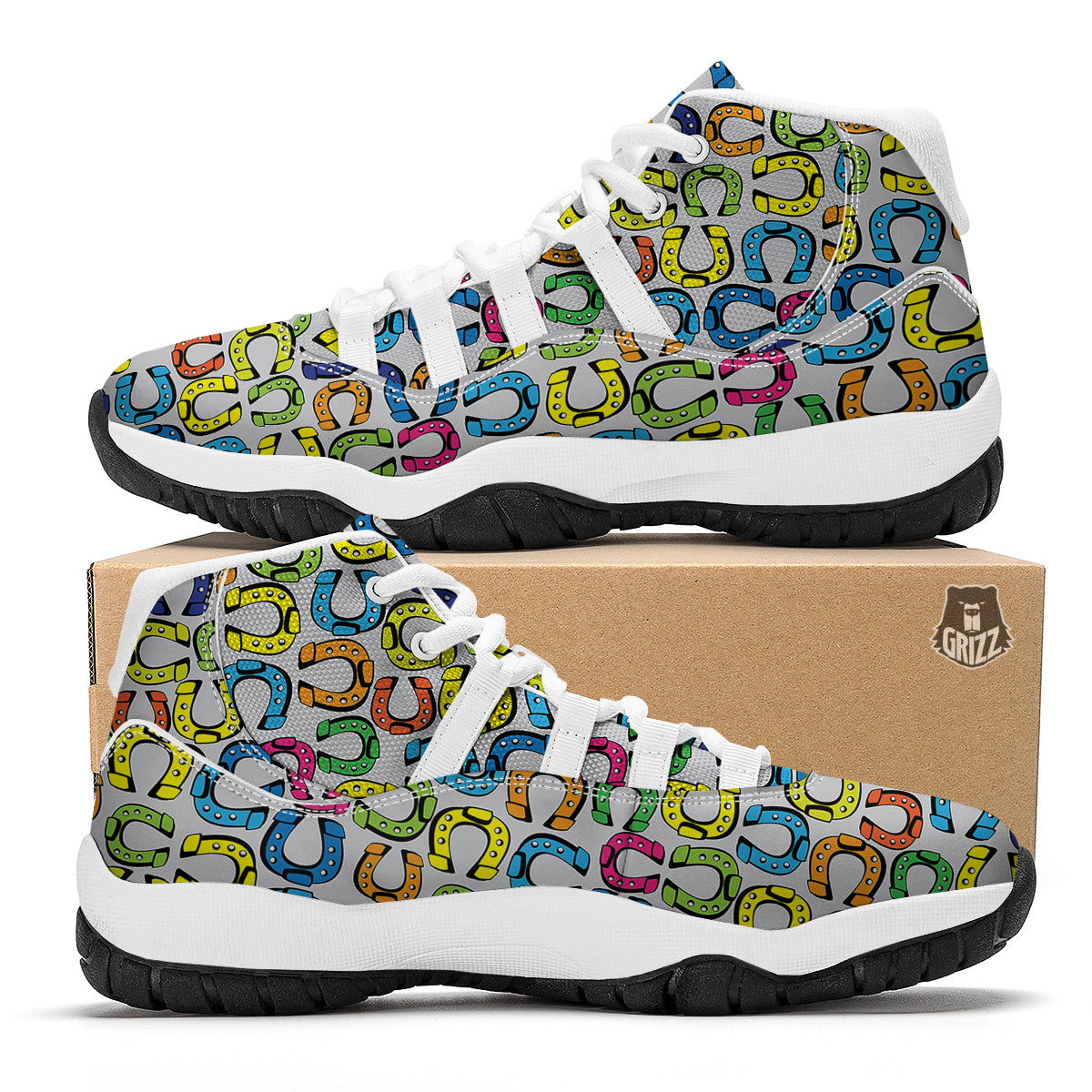 Horseshoe Colorful Print Pattern White Bball Shoes-grizzshop