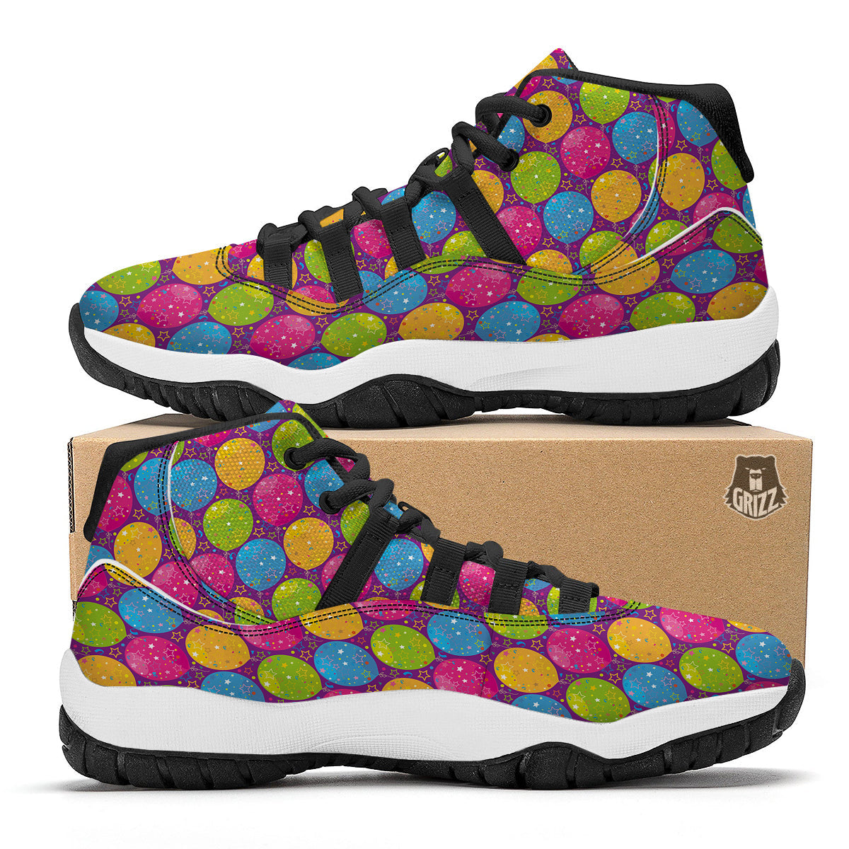 Hot Air Balloon Colorful Pattern Print Black Bball Shoes-grizzshop