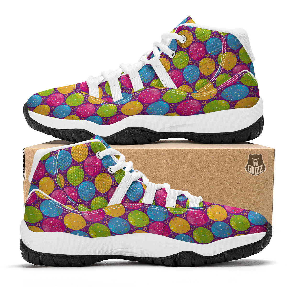 Hot Air Balloon Colorful Pattern Print White Bball Shoes-grizzshop