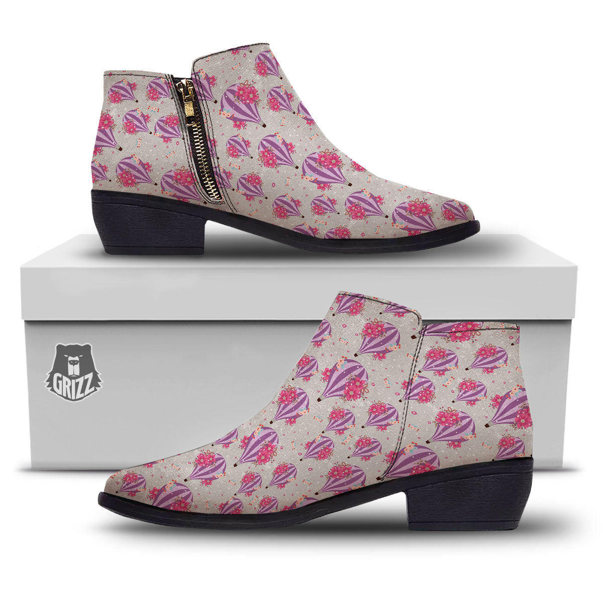 Hot Air Balloon Floral Print Pattern Ankle Boots-grizzshop