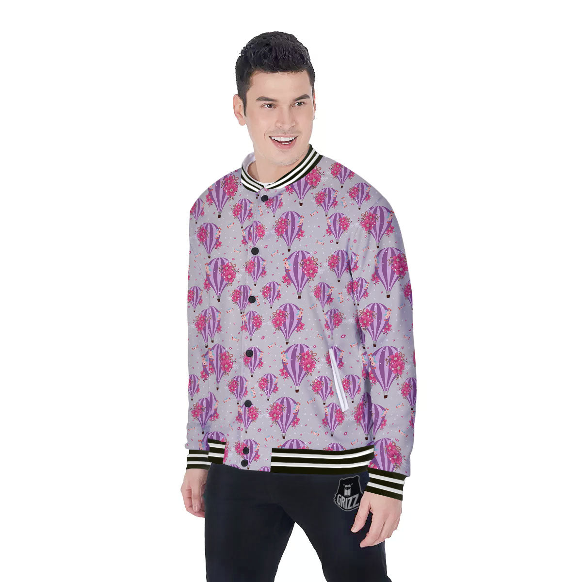 Hot Air Balloon Floral Print Pattern Baseball Jacket-grizzshop