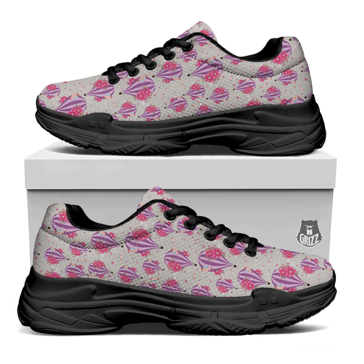 Hot Air Balloon Floral Print Pattern Black Chunky Shoes-grizzshop