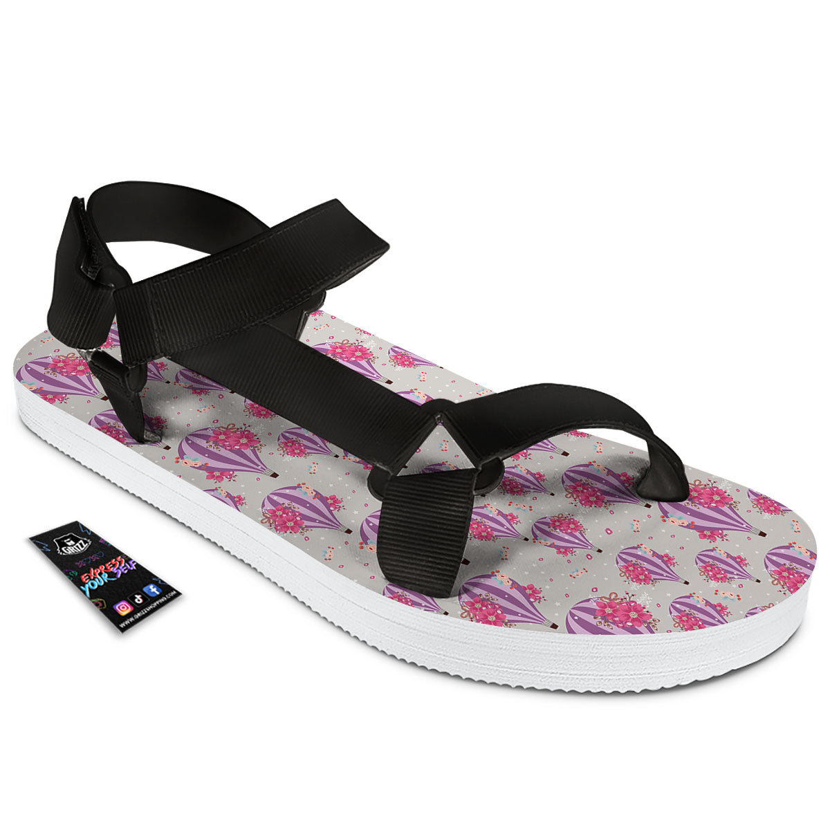 Hot Air Balloon Floral Print Pattern Black Open Toe Sandals-grizzshop
