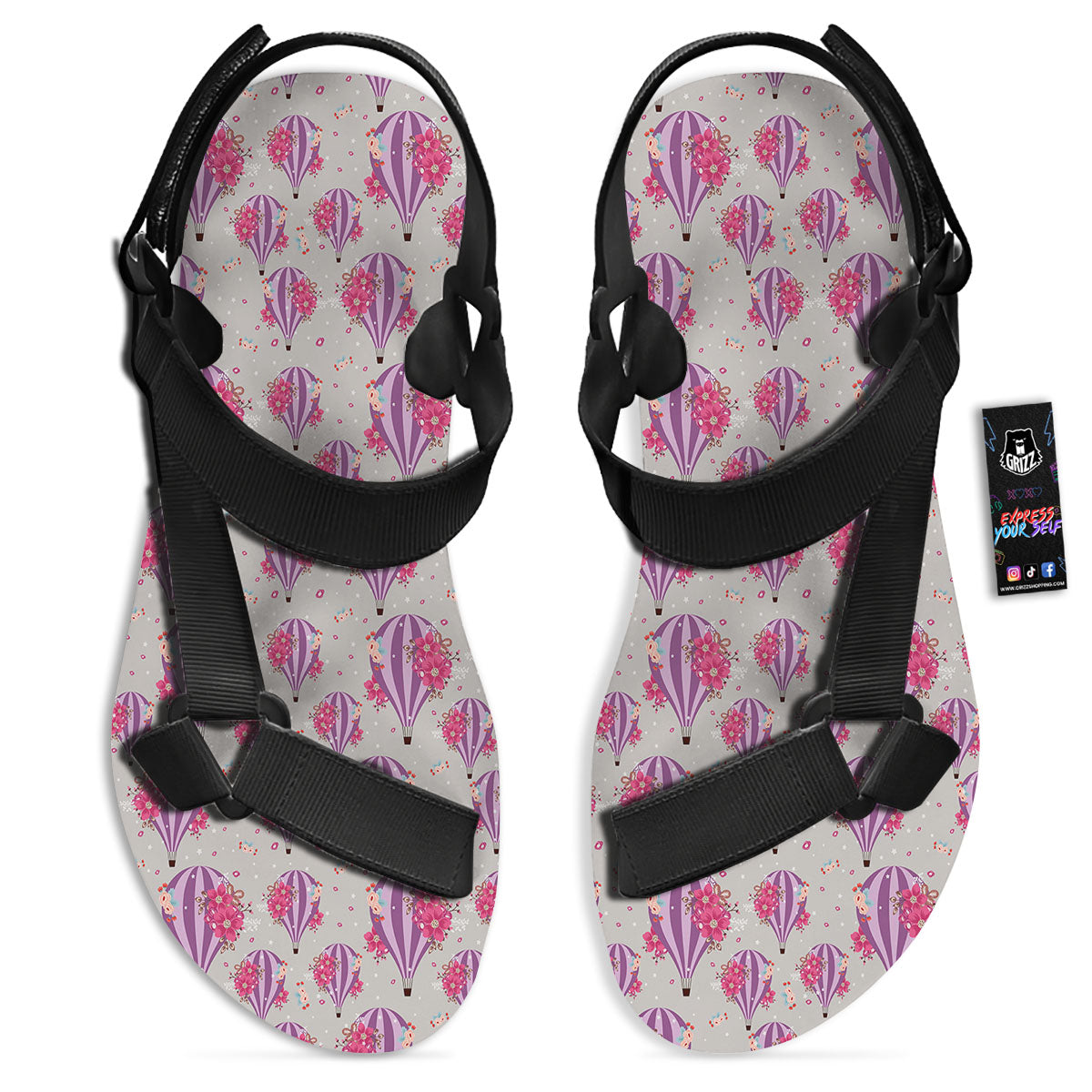 Hot Air Balloon Floral Print Pattern Black Open Toe Sandals-grizzshop