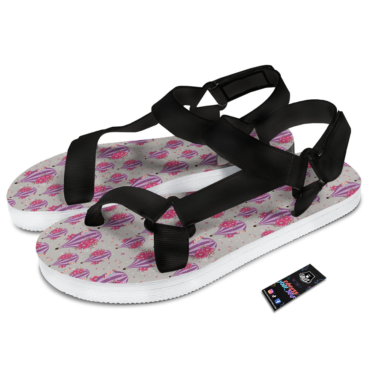Hot Air Balloon Floral Print Pattern Black Open Toe Sandals-grizzshop