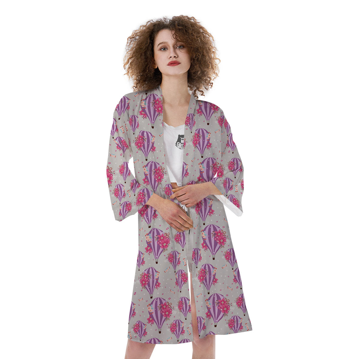 Hot Air Balloon Floral Print Pattern Kimono-grizzshop