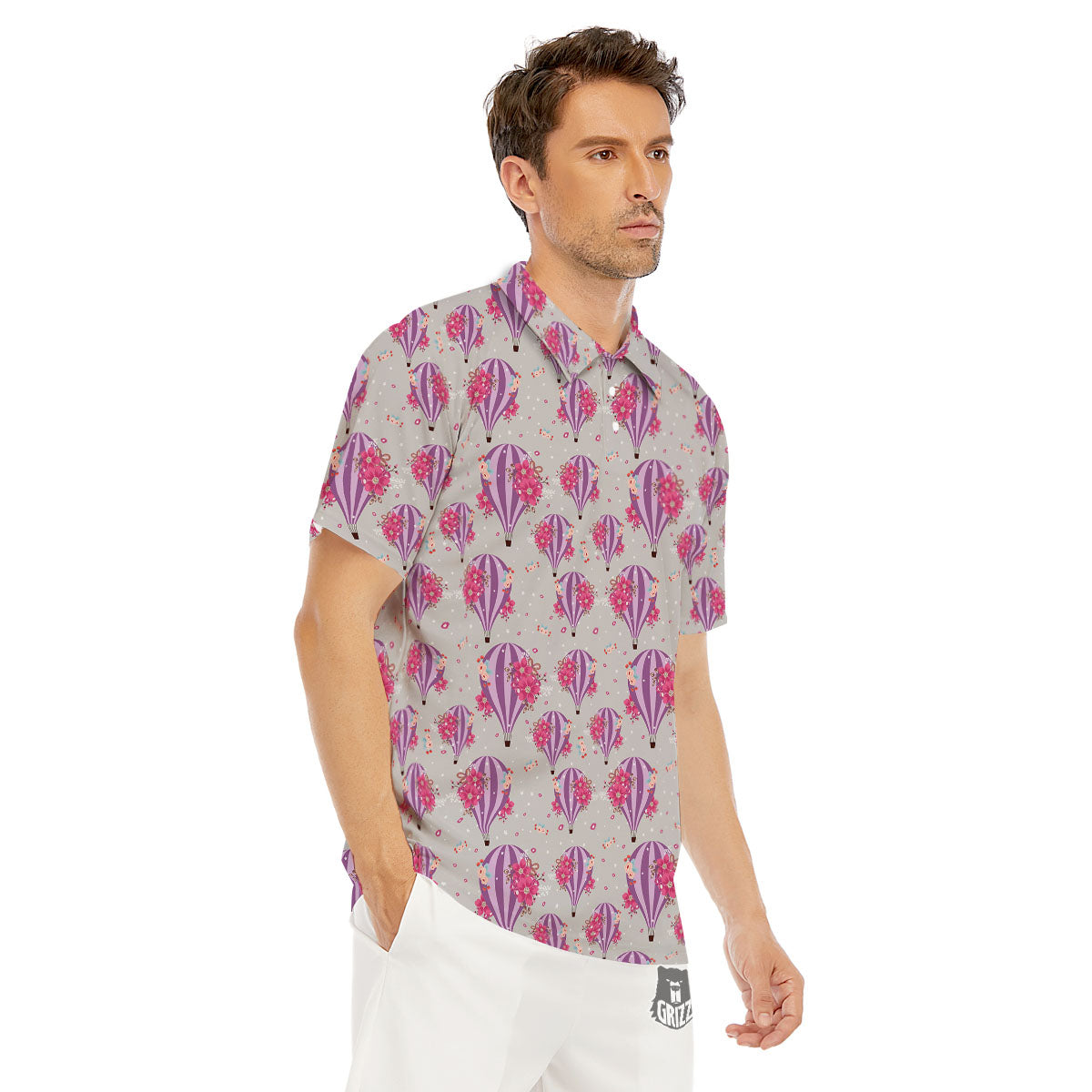 Hot Air Balloon Floral Print Pattern Men's Golf Shirts-grizzshop