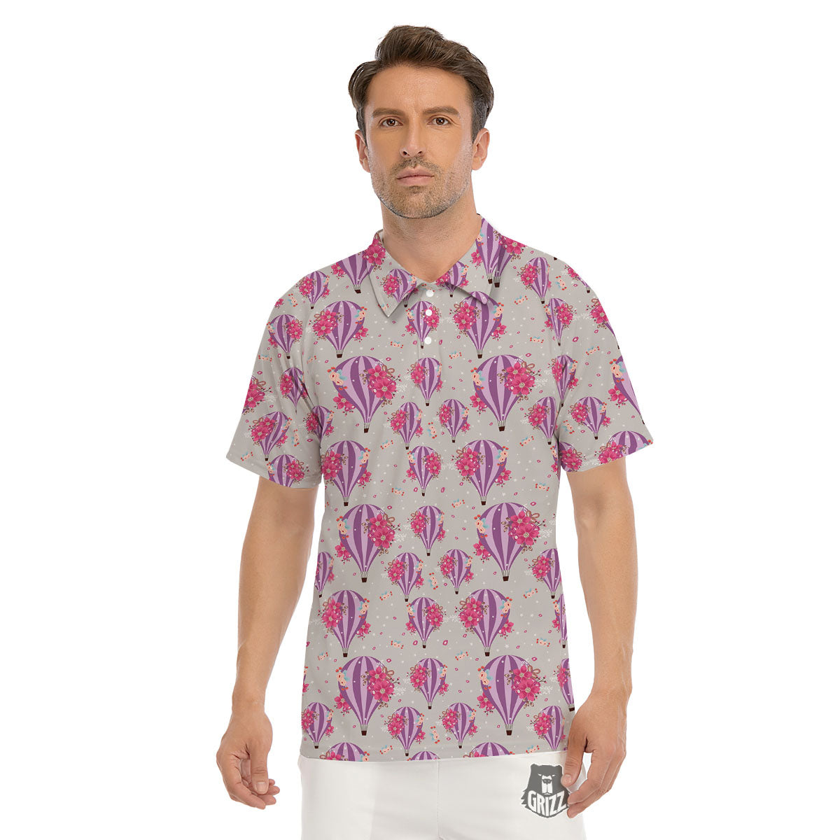 Hot Air Balloon Floral Print Pattern Men's Golf Shirts-grizzshop