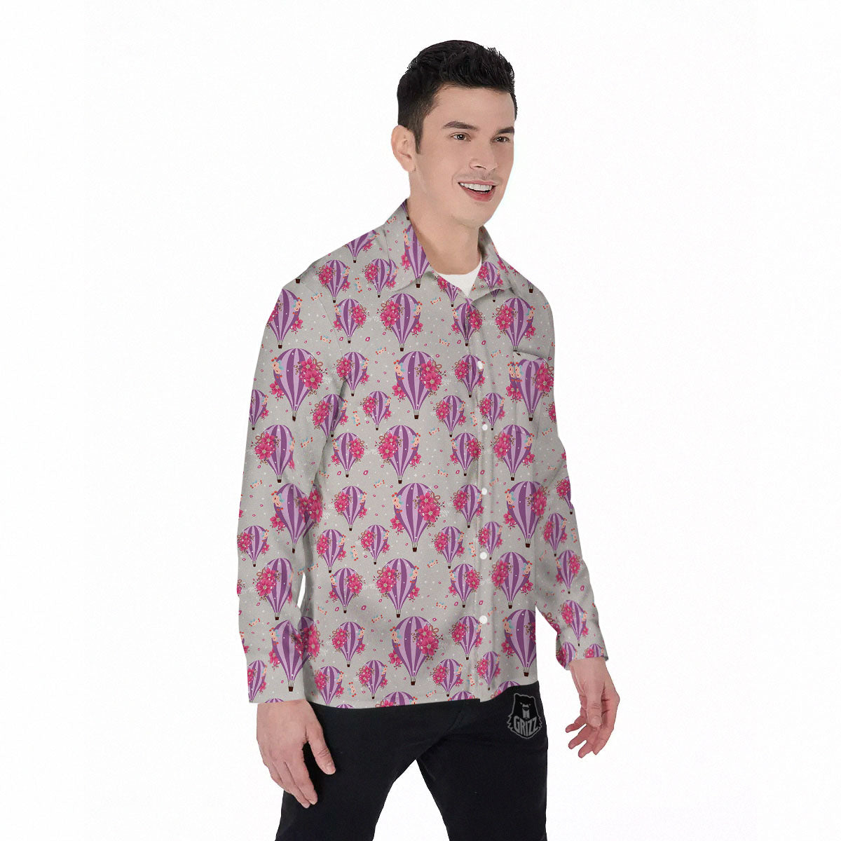 Hot Air Balloon Floral Print Pattern Men's Long Sleeve Shirts-grizzshop