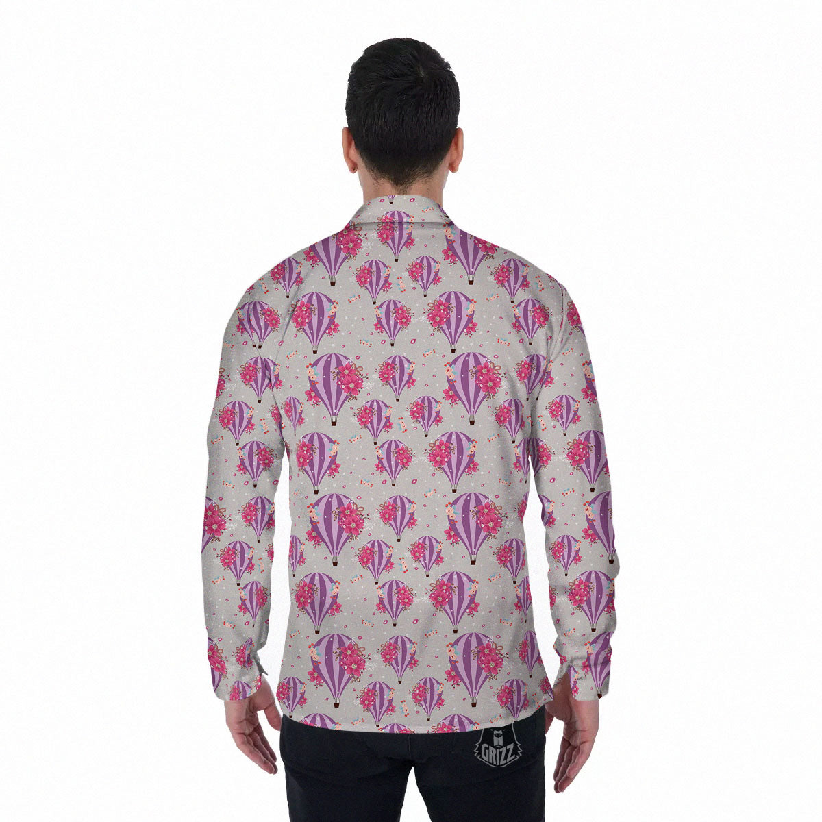 Hot Air Balloon Floral Print Pattern Men's Long Sleeve Shirts-grizzshop