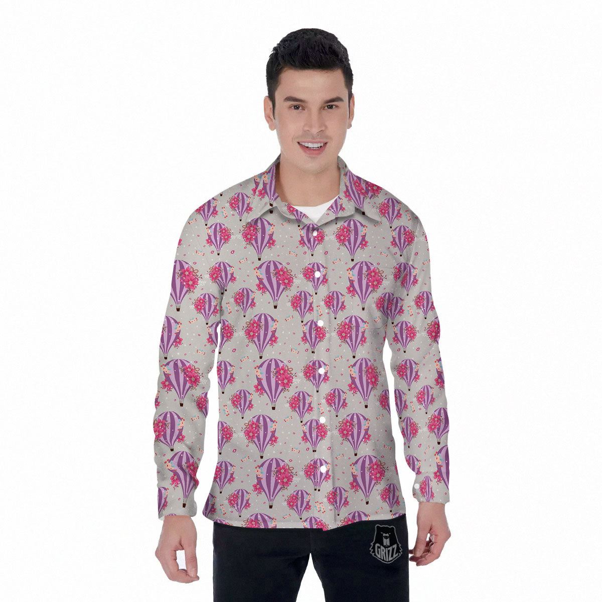 Hot Air Balloon Floral Print Pattern Men's Long Sleeve Shirts-grizzshop