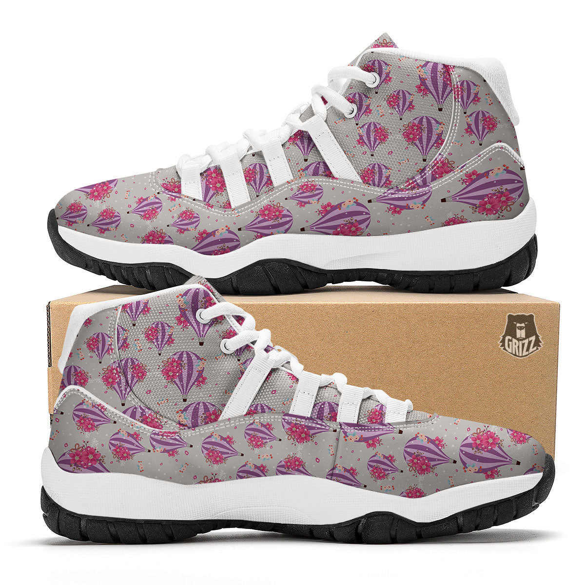 Hot Air Balloon Floral Print Pattern White Bball Shoes-grizzshop