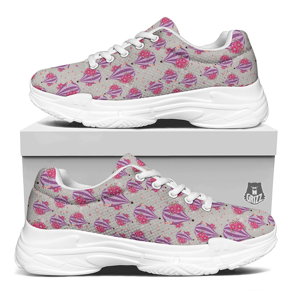 Hot Air Balloon Floral Print Pattern White Chunky Shoes-grizzshop