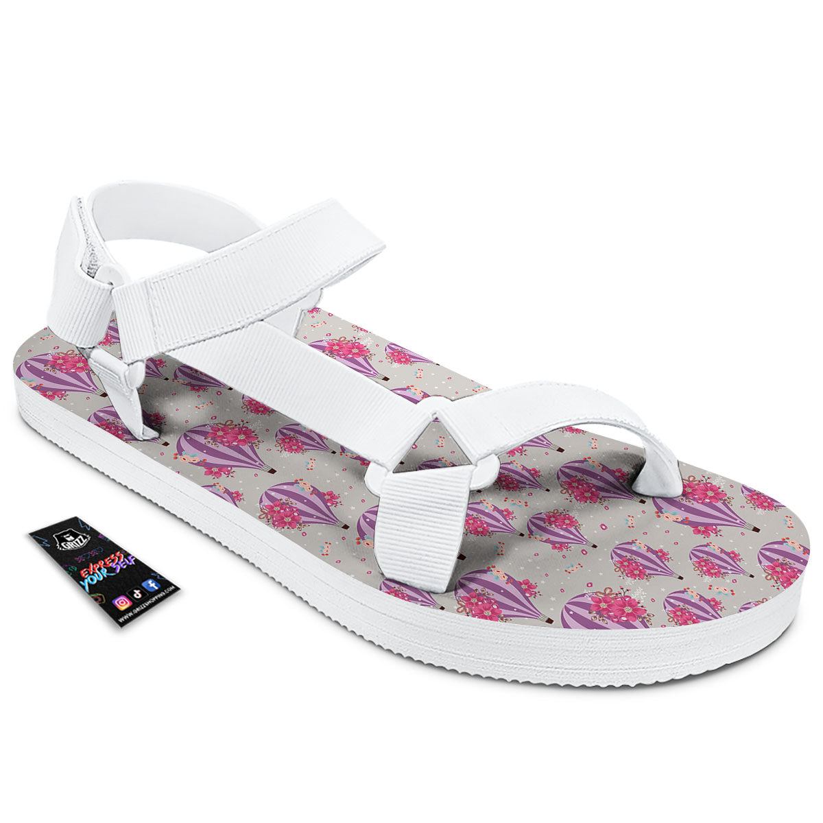 Hot Air Balloon Floral Print Pattern White Open Toe Sandals-grizzshop