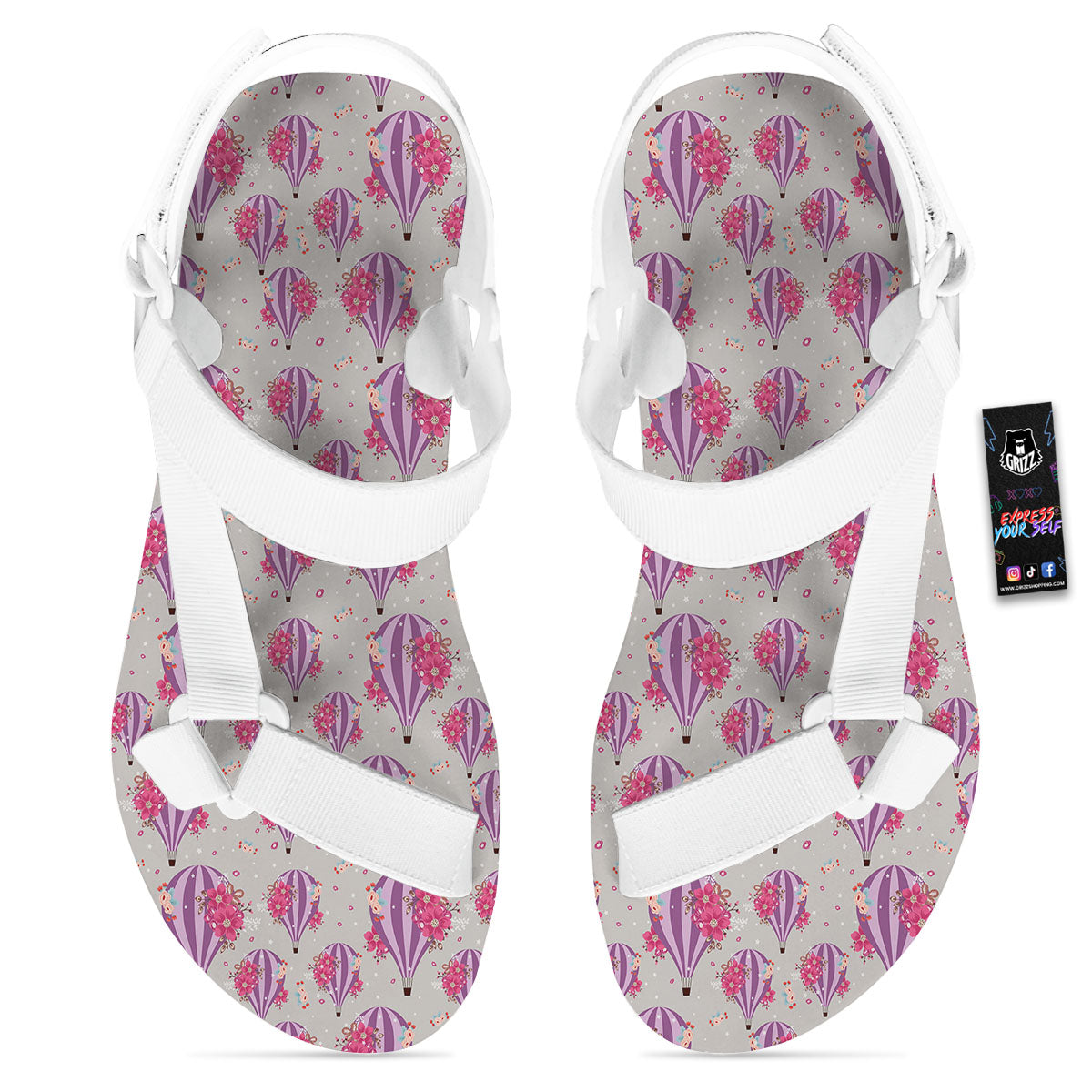 Hot Air Balloon Floral Print Pattern White Open Toe Sandals-grizzshop