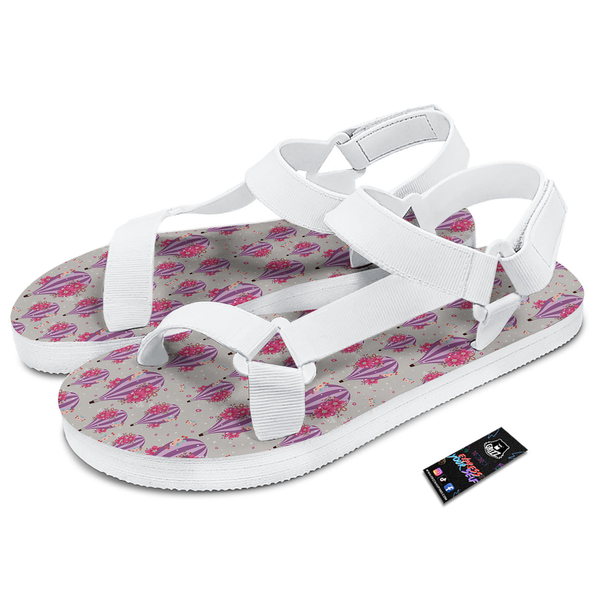 Hot Air Balloon Floral Print Pattern White Open Toe Sandals-grizzshop