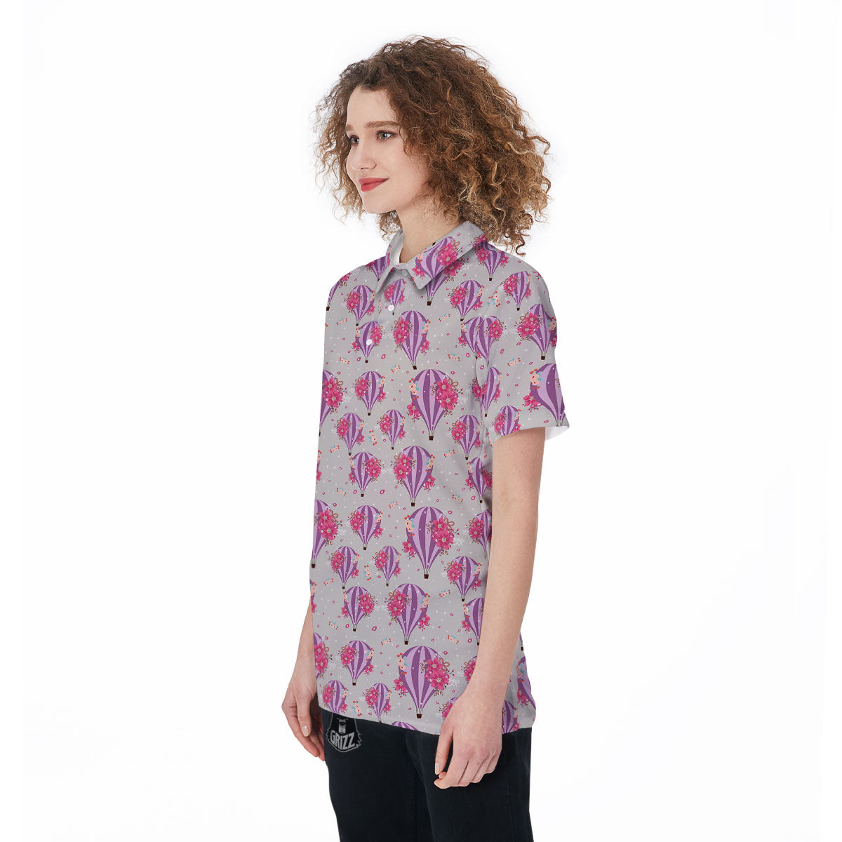 Hot Air Balloon Floral Print Pattern Women's Golf Shirts-grizzshop