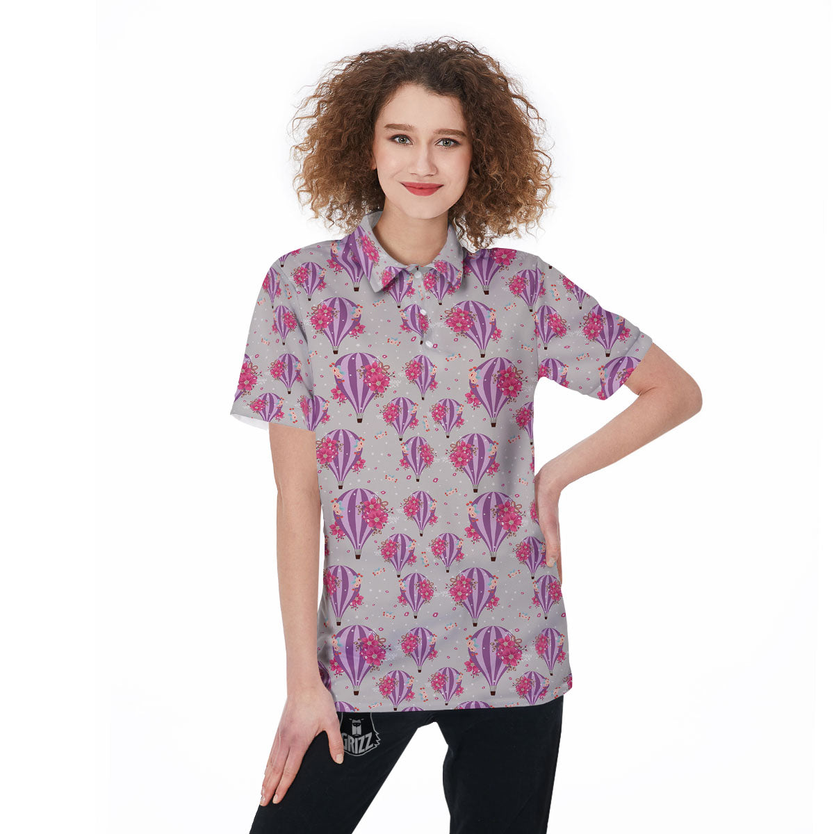 Hot Air Balloon Floral Print Pattern Women's Golf Shirts-grizzshop