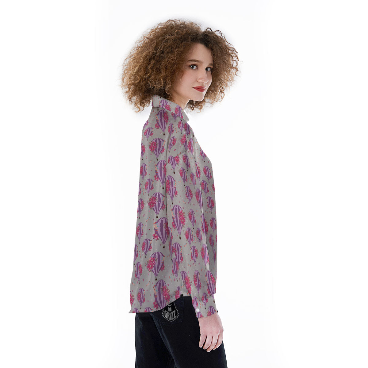 Hot Air Balloon Floral Print Pattern Women's Long Sleeve Shirts-grizzshop