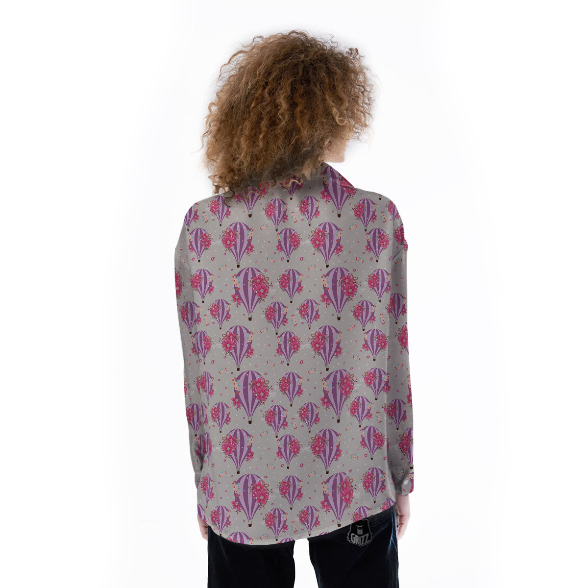 Hot Air Balloon Floral Print Pattern Women's Long Sleeve Shirts-grizzshop