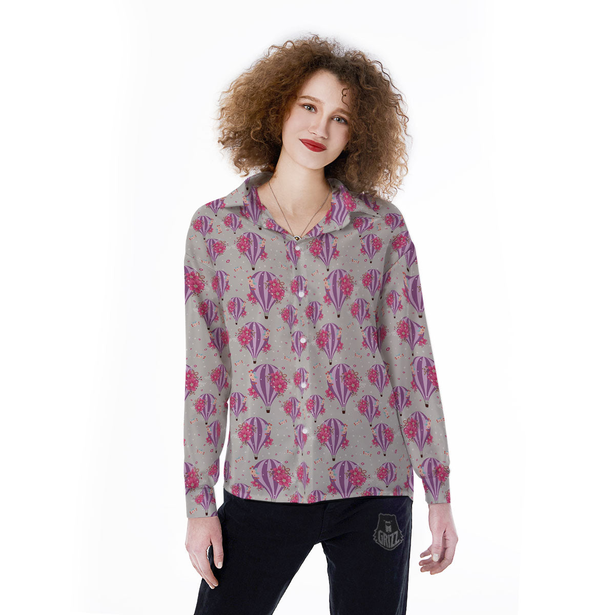Hot Air Balloon Floral Print Pattern Women's Long Sleeve Shirts-grizzshop