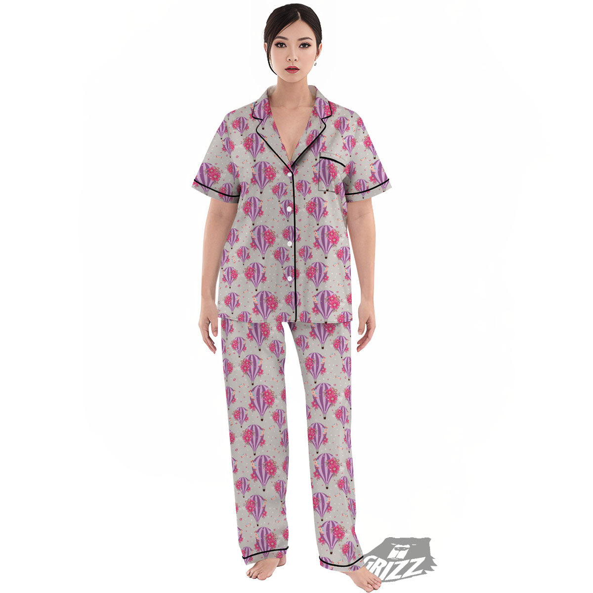 Hot Air Balloon Floral Print Pattern Women's Pajamas Set-grizzshop