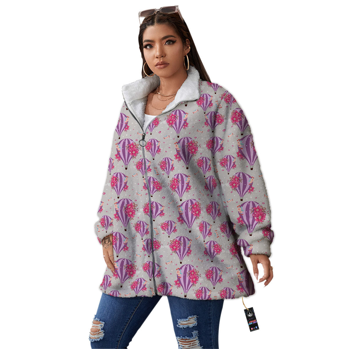 Hot Air Balloon Floral Print Pattern Women's Sherpa Jacket-grizzshop