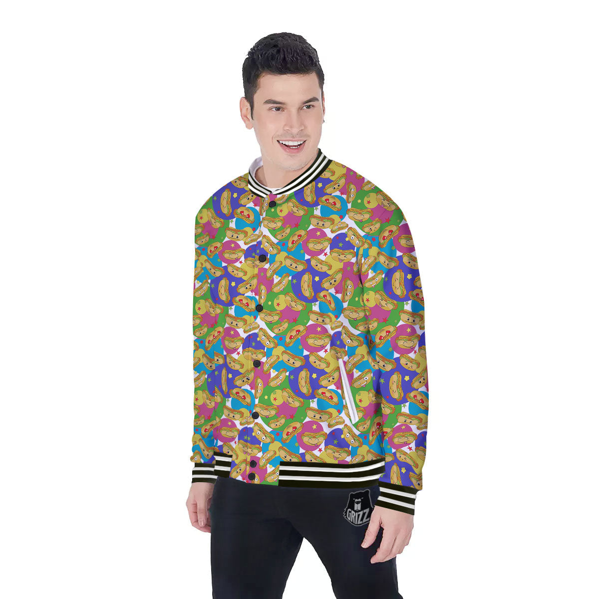 Hot Dog Colorful Print Pattern Baseball Jacket-grizzshop