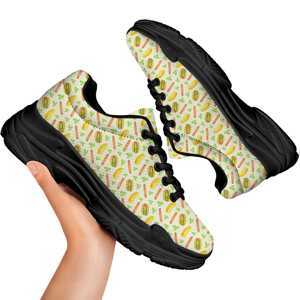 Hot Dog Drawing Print Pattern Black Chunky Shoes-grizzshop