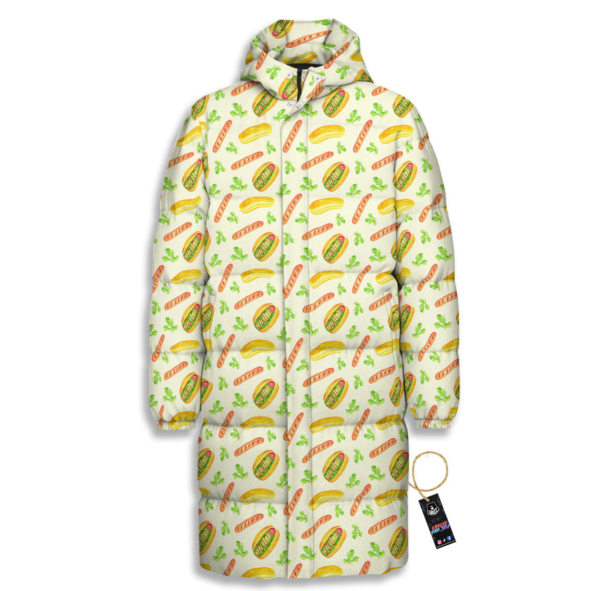 Hot Dog Drawing Print Pattern Long Down Jacket-grizzshop