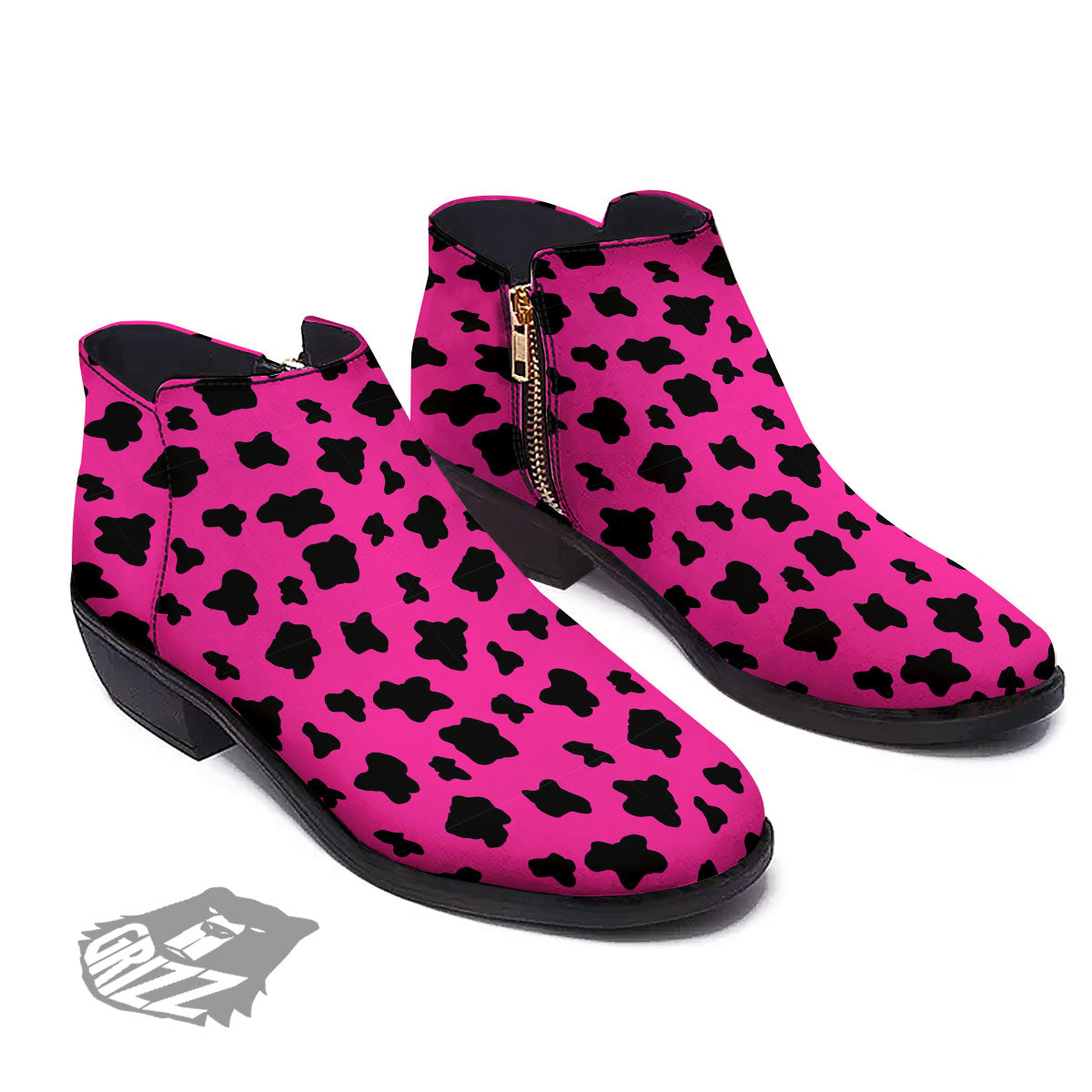 Hot Pink And Black Cow Print Ankle Boots-grizzshop
