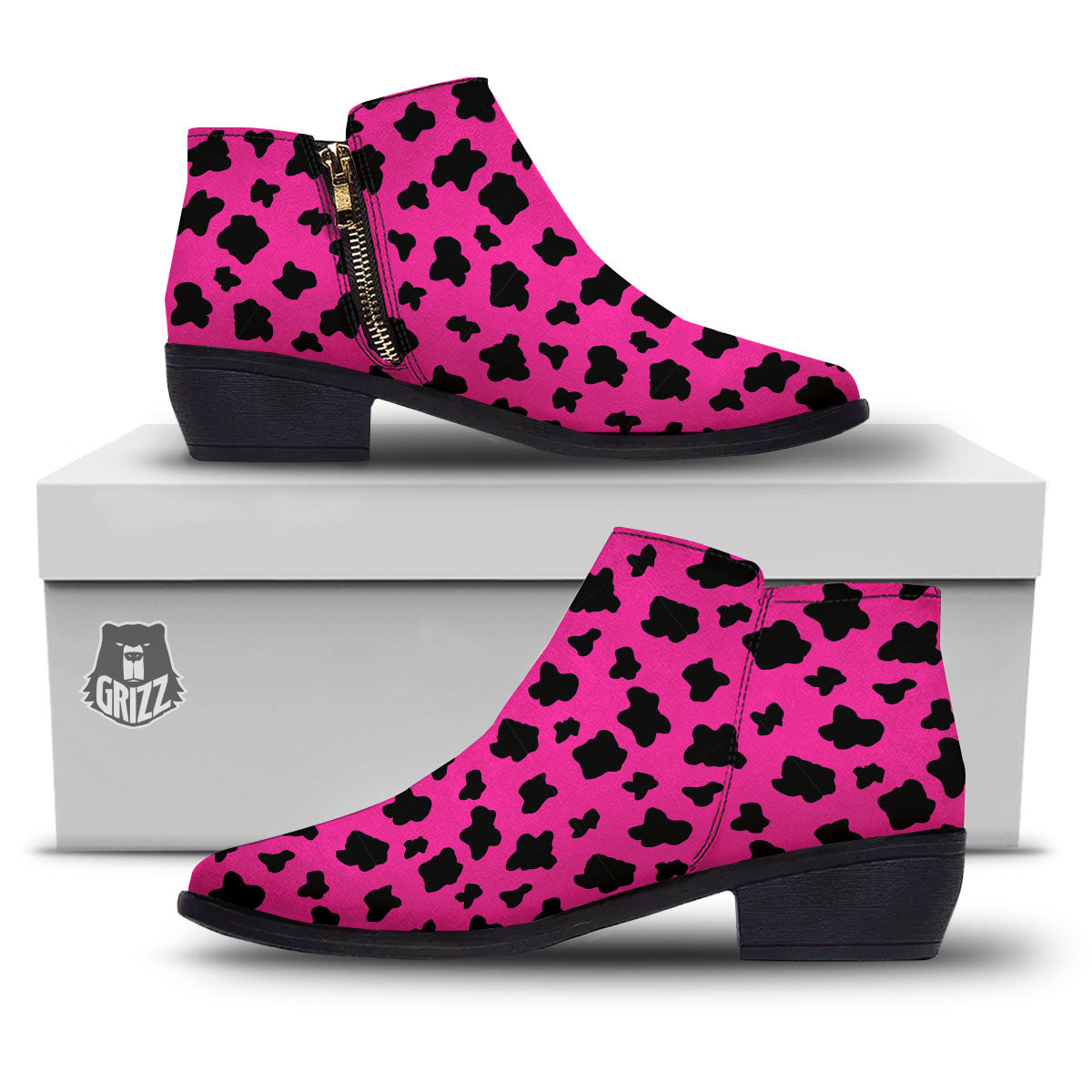Hot Pink And Black Cow Print Ankle Boots-grizzshop