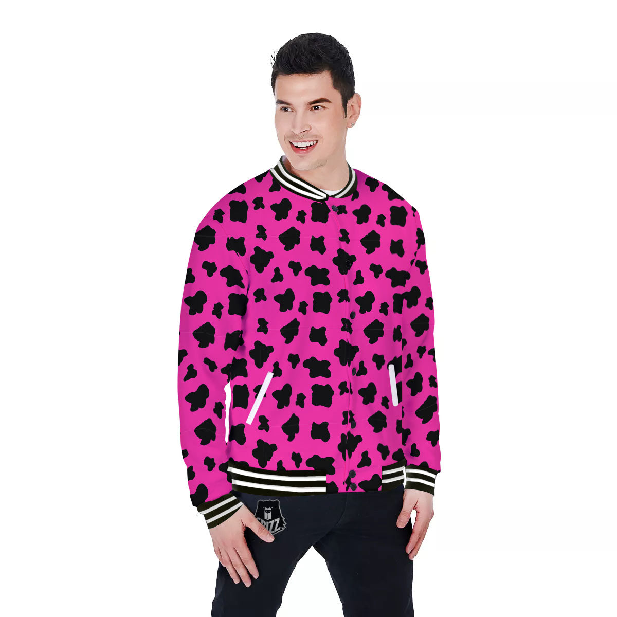Hot Pink And Black Cow Print Baseball Jacket-grizzshop