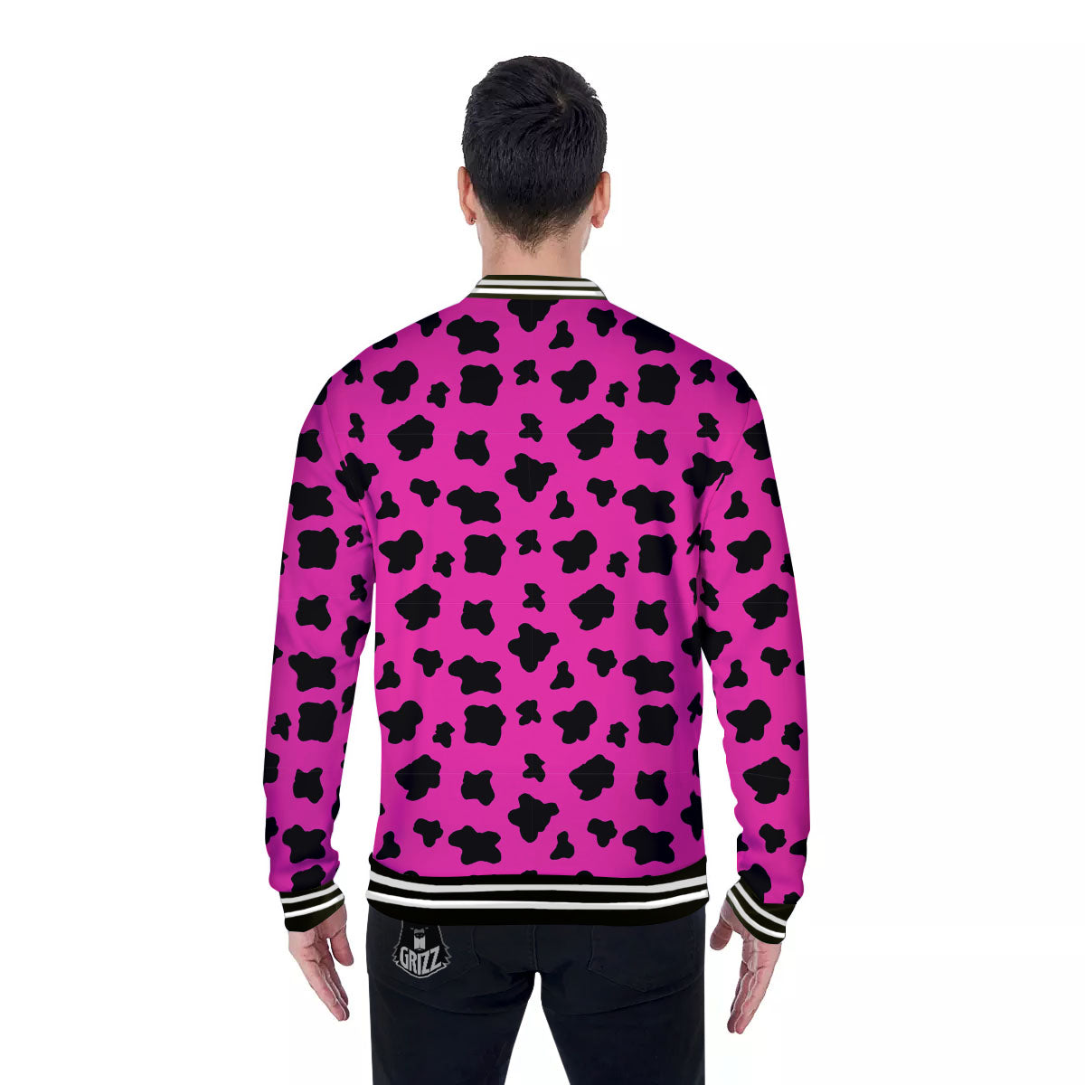 Hot Pink And Black Cow Print Baseball Jacket-grizzshop